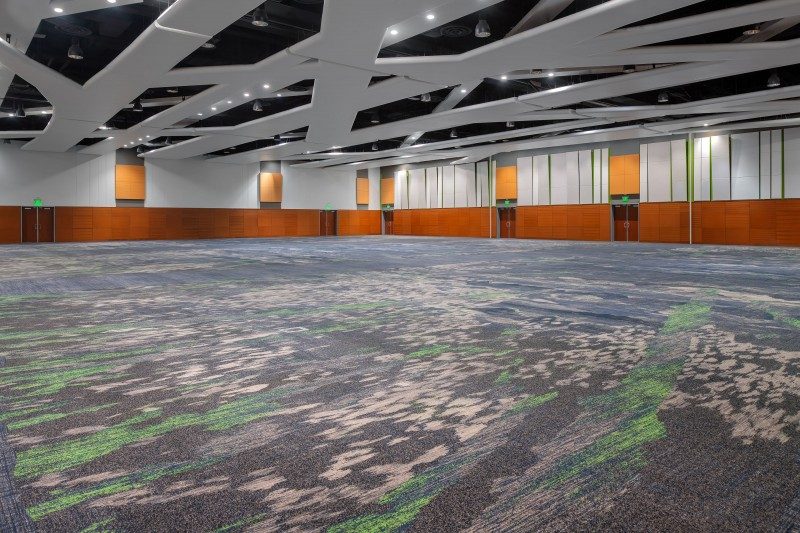 Empty conference room with patterned carpet flooring