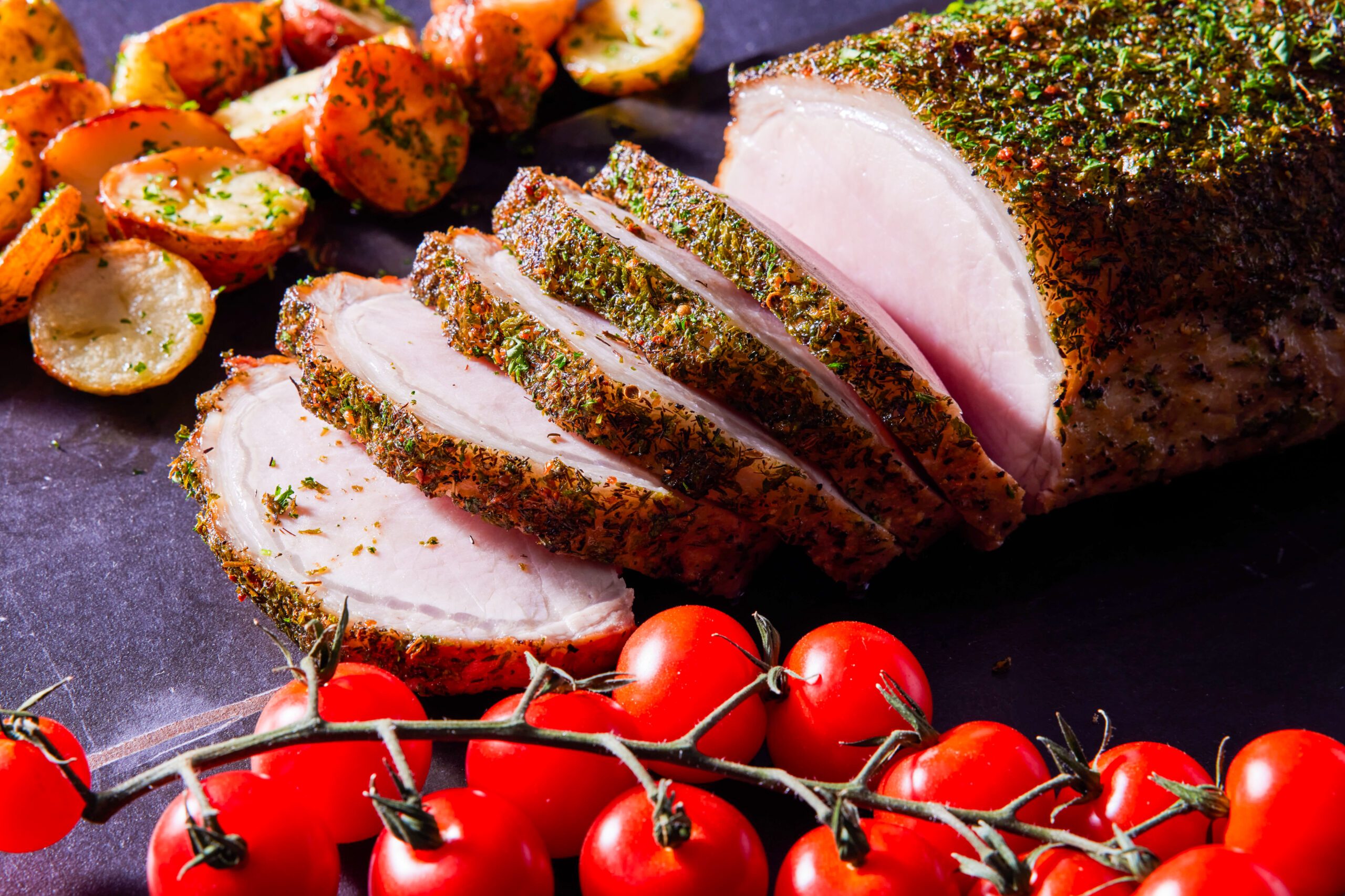 herb-crusted pork loin with roasted potatoes and cherry tomatoes