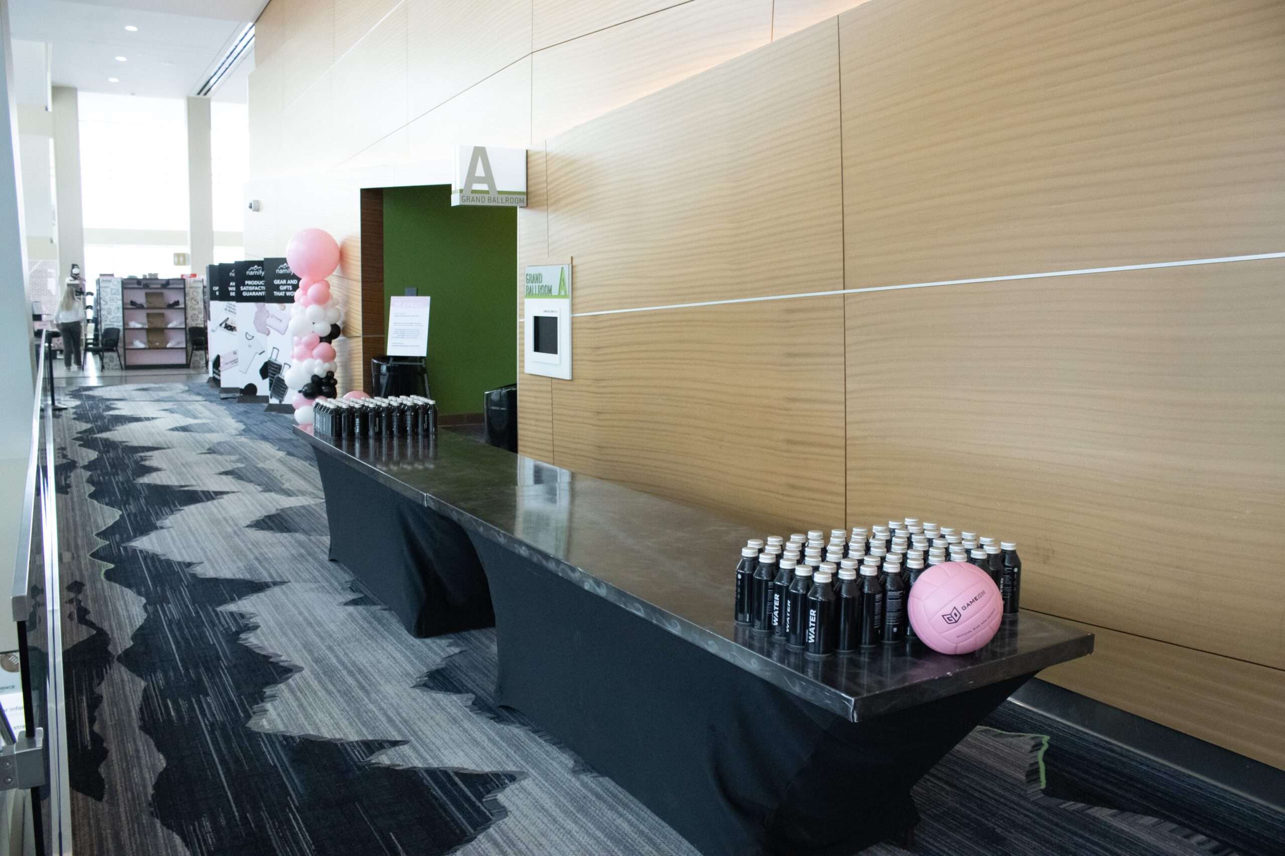 tables with drinks and displays set up in lobby
