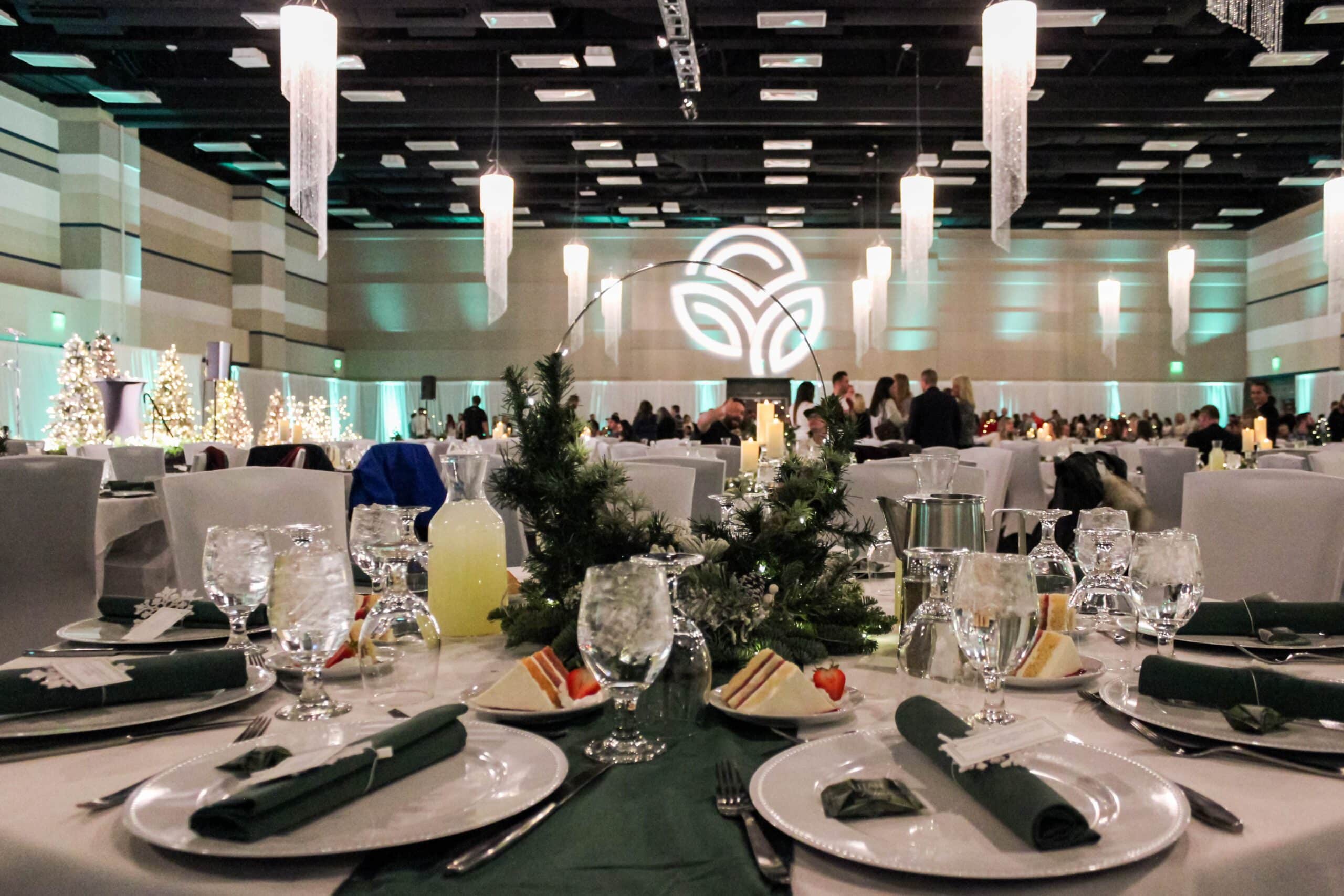 Elegant banquet hall with decorated tables