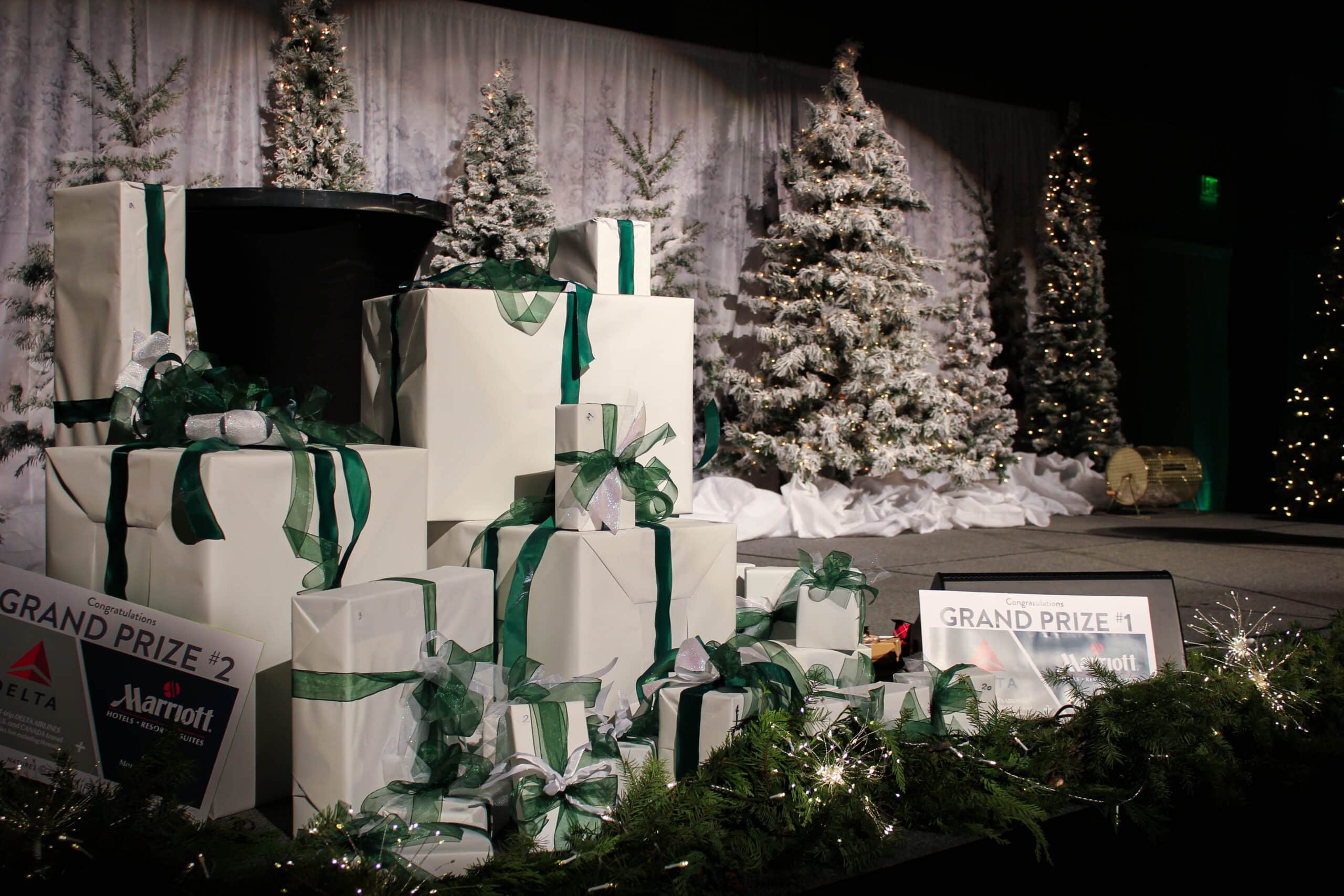 trees and large gift-wrapped prizes.