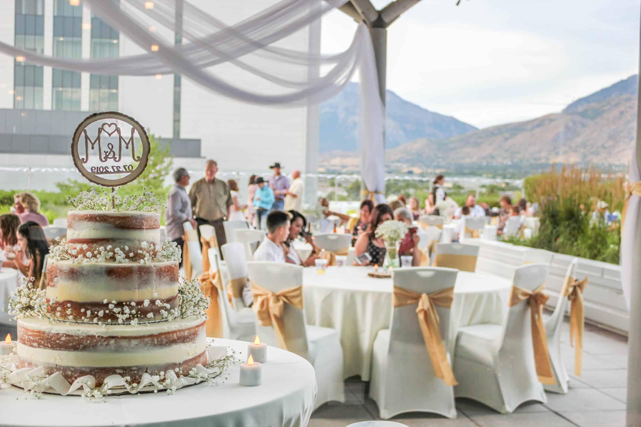 wedding cake with a custom topper on a table at an outdoor reception